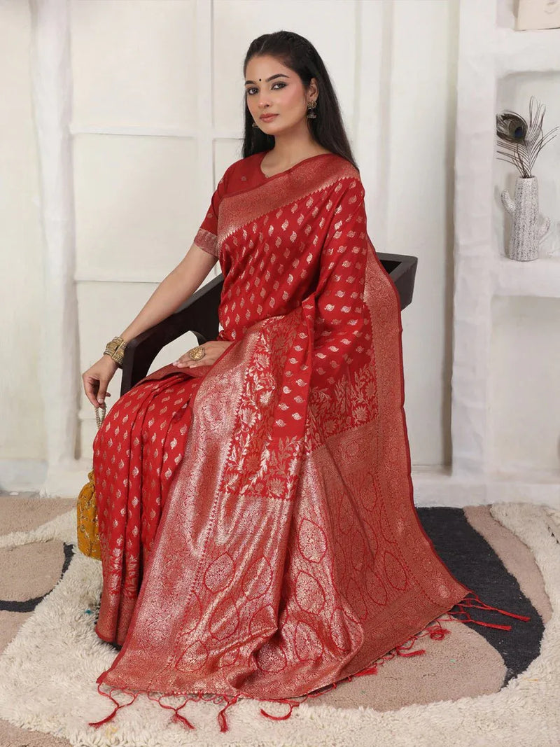 Red Lichi Silk Saree With Blouse Piece - EZBER