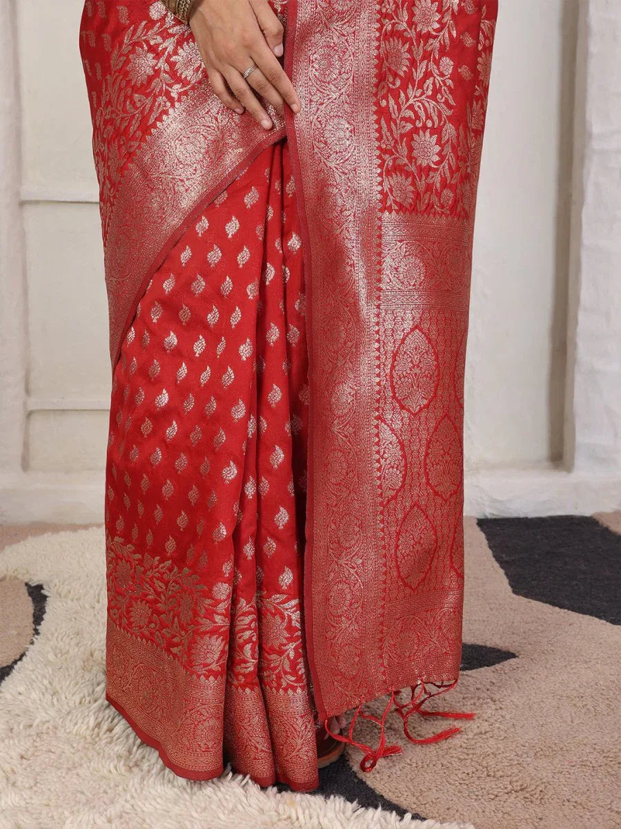 Red Lichi Silk Saree With Blouse Piece - EZBER