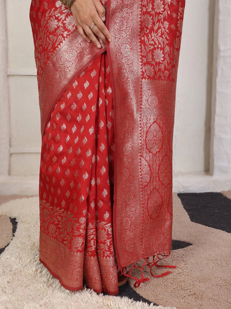 Red Lichi Silk Saree With Blouse Piece - EZBER