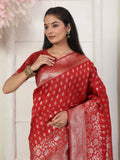 Red Lichi Silk Saree With Blouse Piece - EZBER