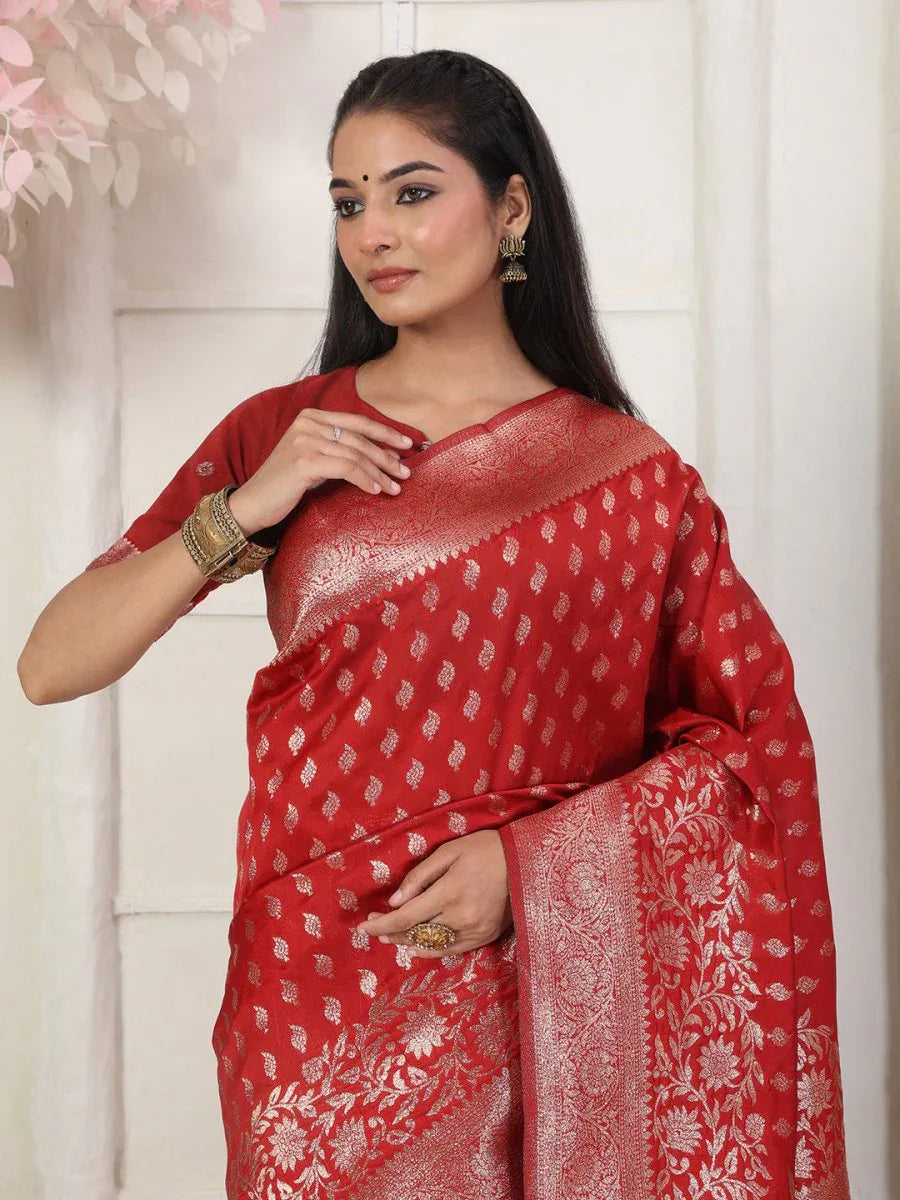 Red Lichi Silk Saree With Blouse Piece - EZBER