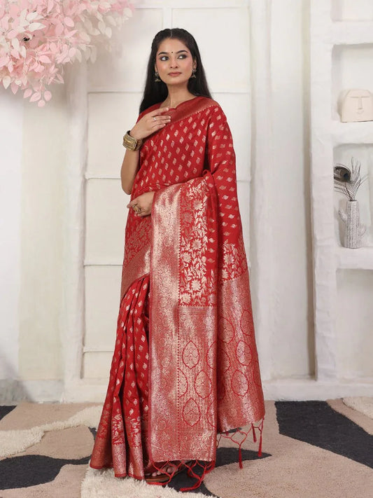 Red Lichi Silk Saree With Blouse Piece - EZBER