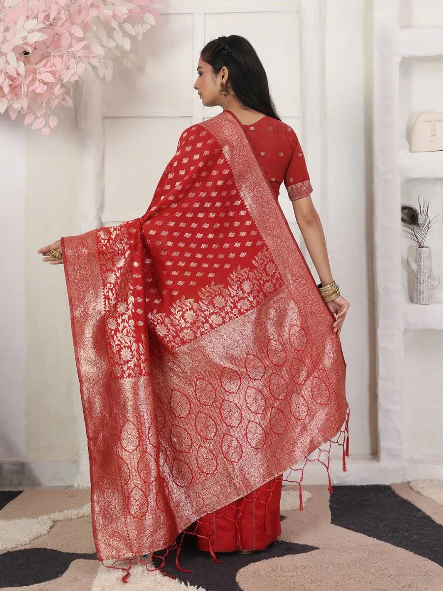 Red Lichi Silk Saree With Blouse Piece - EZBER