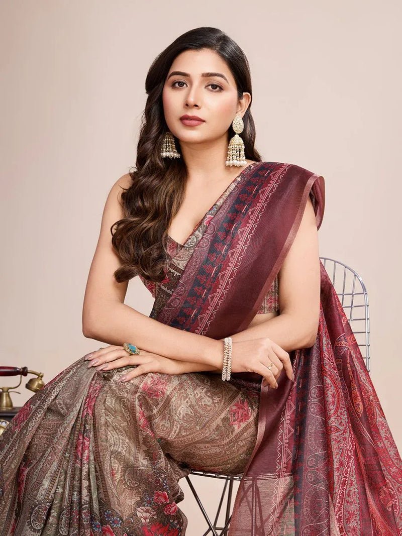 Red Linen Blend Saree With Blouse Piece - EZBER