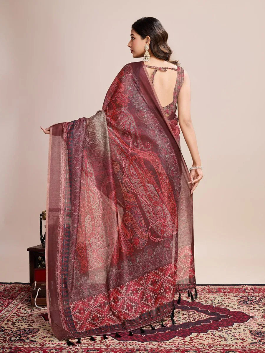 Red Linen Blend Saree With Blouse Piece - EZBER