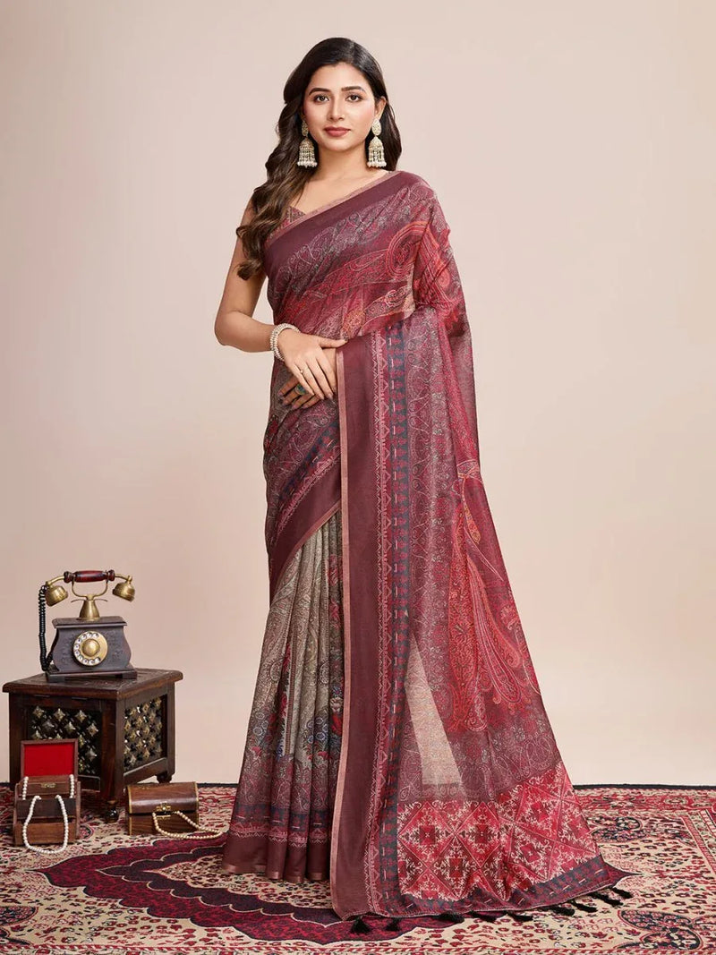 Red Linen Blend Saree With Blouse Piece - EZBER
