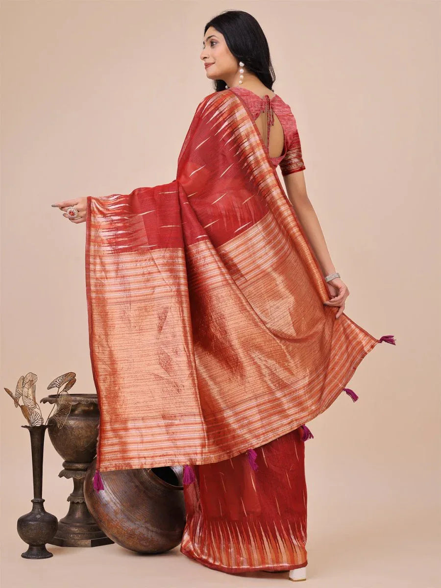 Red Linen Cotton Saree With Blouse Piece - EZBER