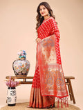 Red Linen Cotton Saree With Blouse Piece - EZBER