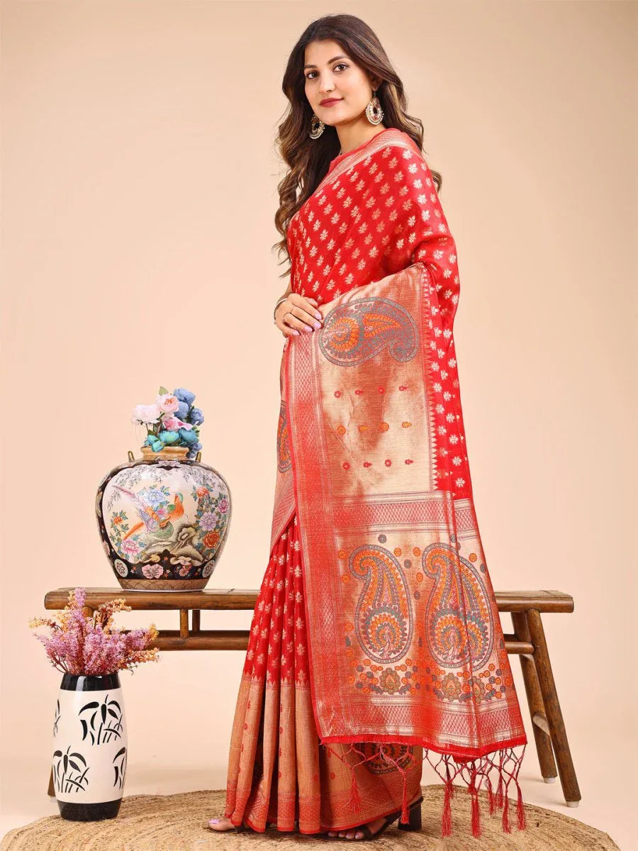 Red Linen Cotton Saree With Blouse Piece - EZBER