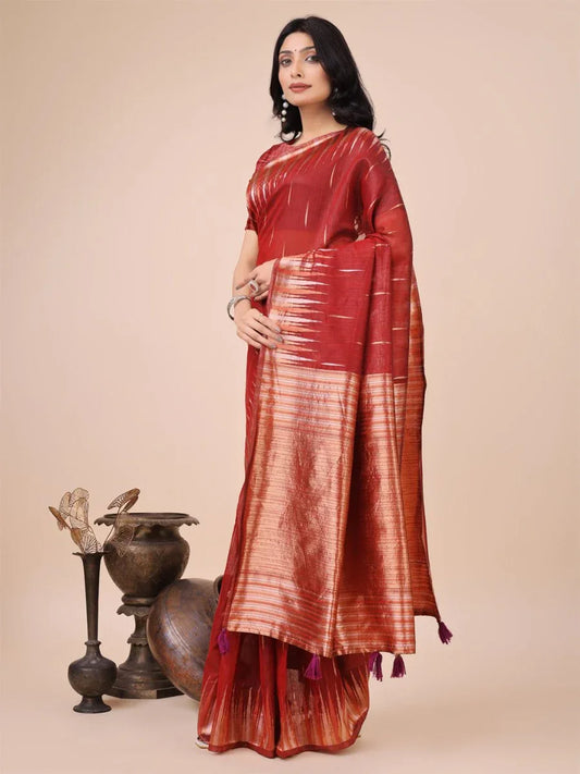 Red Linen Cotton Saree With Blouse Piece - EZBER