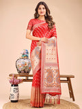 Red Linen Cotton Saree With Blouse Piece - EZBER
