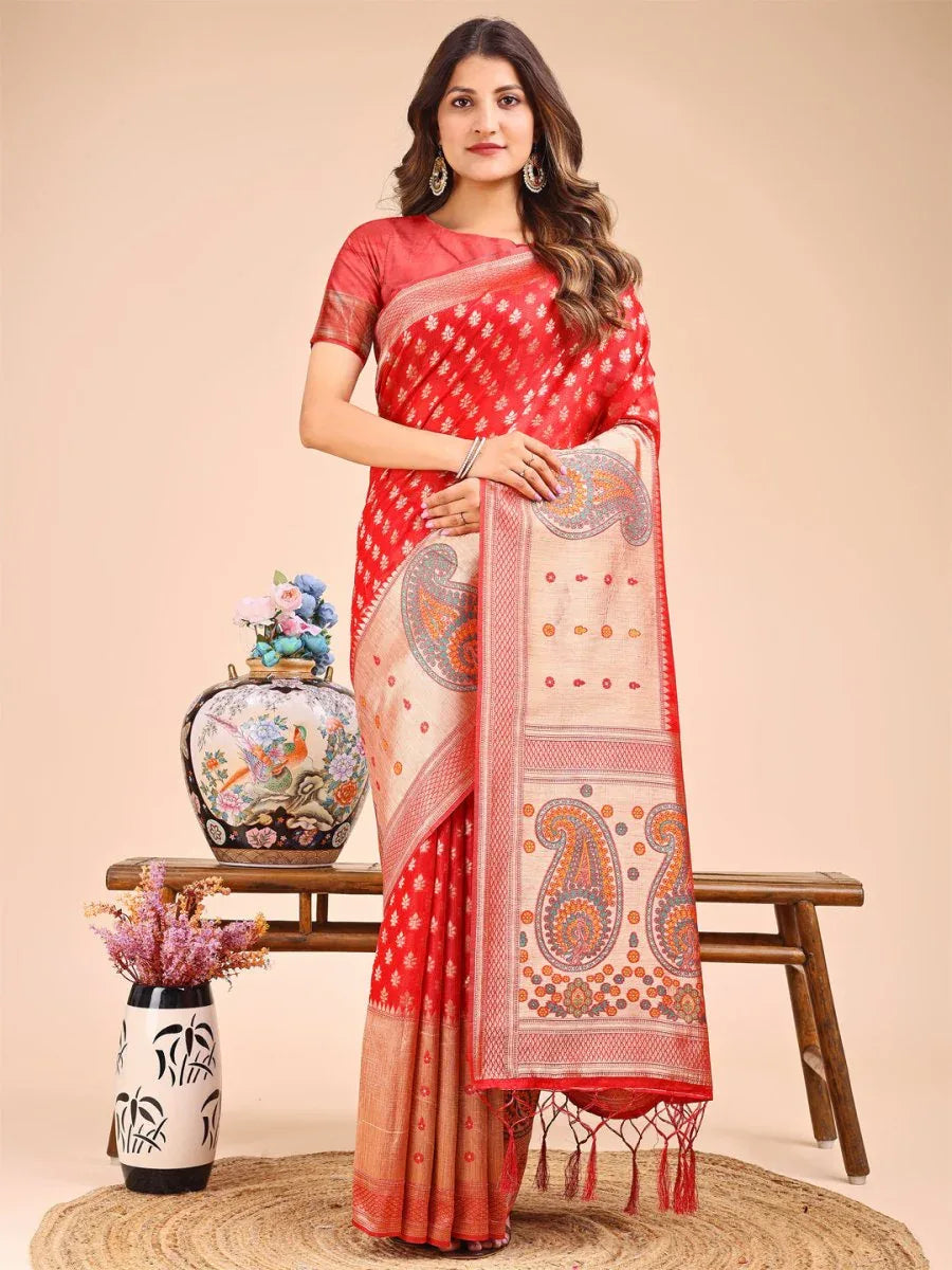 Red Linen Cotton Saree With Blouse Piece - EZBER