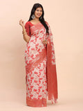 Red Linen Cotton Saree With Blouse Piece - EZBER
