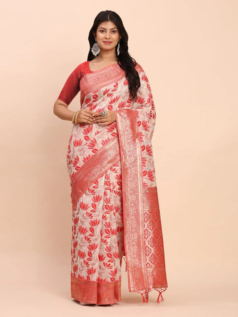 Red Linen Cotton Saree With Blouse Piece - EZBER