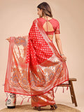 Red Linen Cotton Saree With Blouse Piece - EZBER