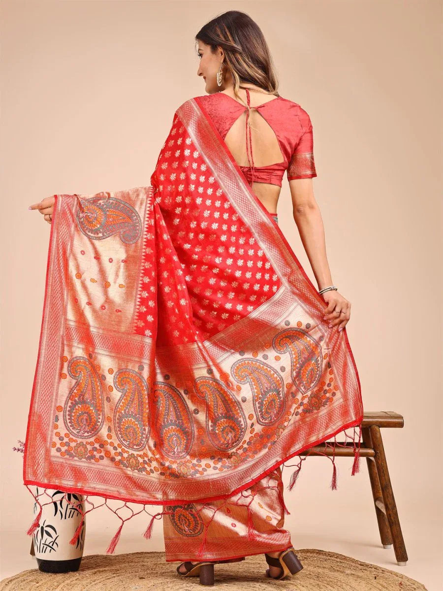 Red Linen Cotton Saree With Blouse Piece - EZBER
