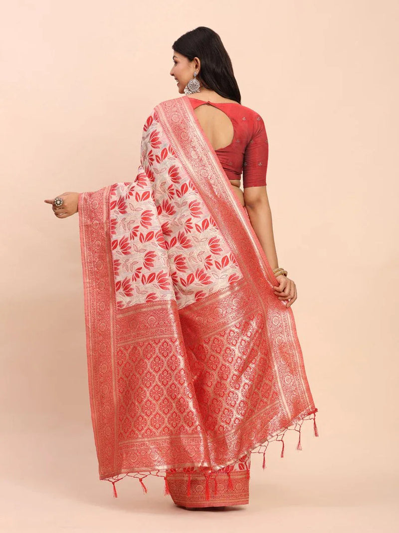 Red Linen Cotton Saree With Blouse Piece - EZBER