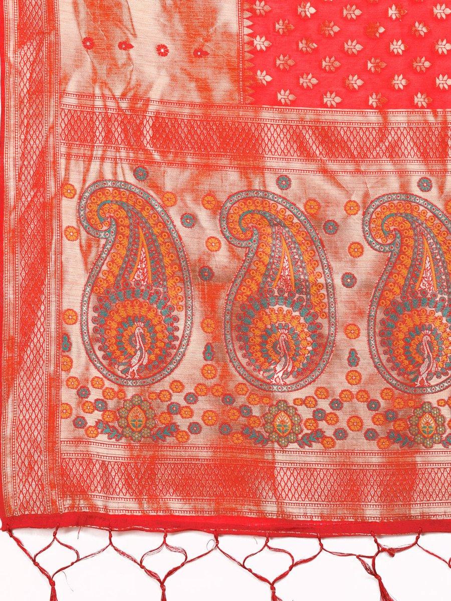 Red Linen Cotton Saree With Blouse Piece - EZBER