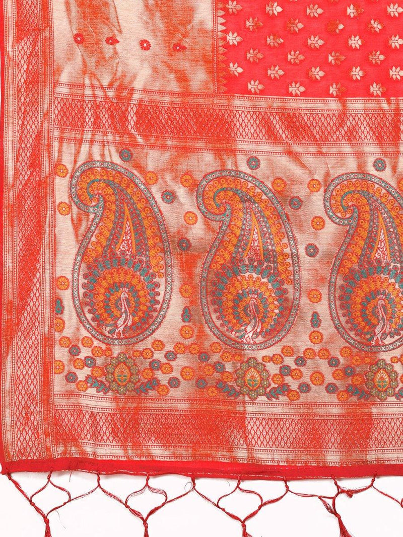 Red Linen Cotton Saree With Blouse Piece - EZBER