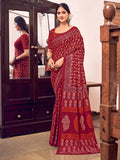 Red Mulmul Cottons Saree With Blouse Piece - EZBER