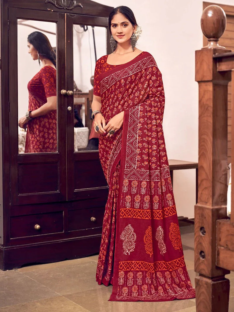 Red Mulmul Cottons Saree With Blouse Piece - EZBER