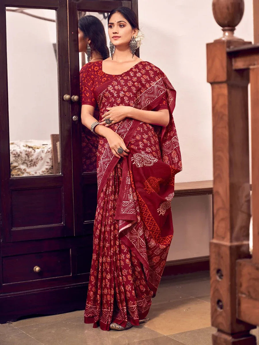 Red Mulmul Cottons Saree With Blouse Piece - EZBER
