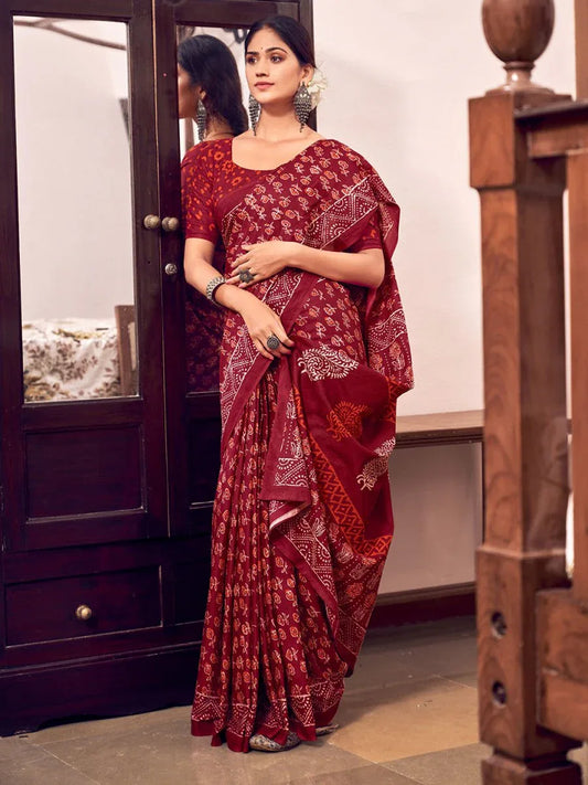Red Mulmul Cottons Saree With Blouse Piece - EZBER