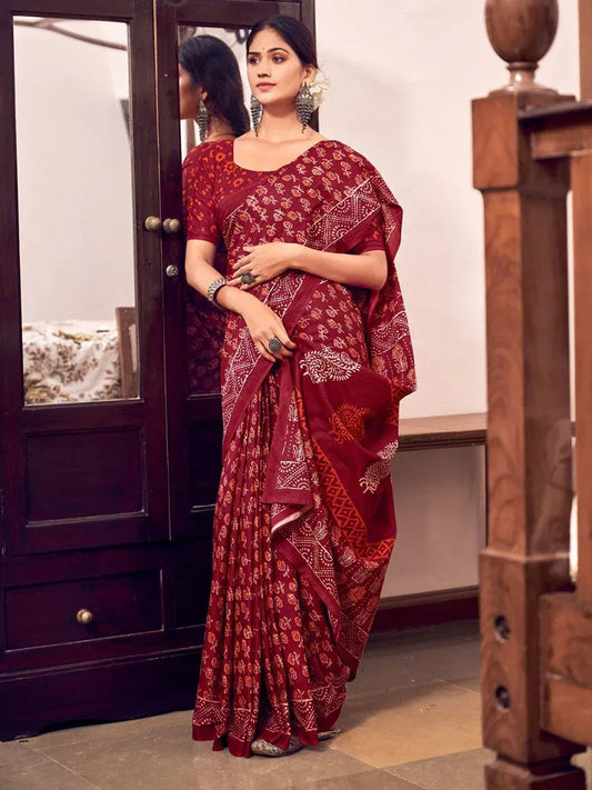 Red Cotton Saree with Blouse Piece  | EZBER