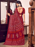 Red Mulmul Cottons Saree With Blouse Piece - EZBER