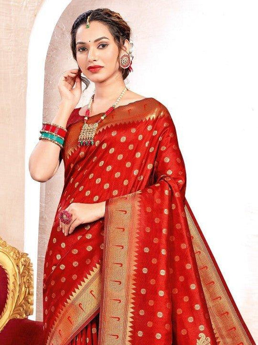 Red Paithani Silk Saree With Blouse Piece - EZBER