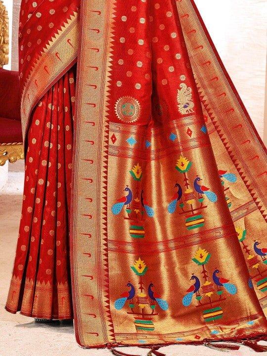 Red Paithani Silk Saree With Blouse Piece - EZBER