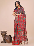 Red Pashmina Cotton Saree With Blouse Piece - EZBER