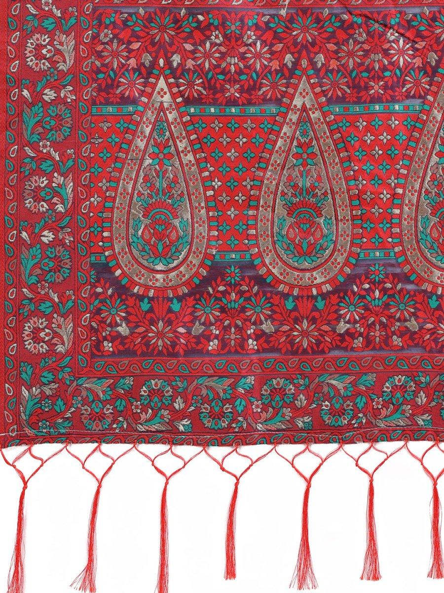 Red Pashmina Cotton Saree With Blouse Piece - EZBER