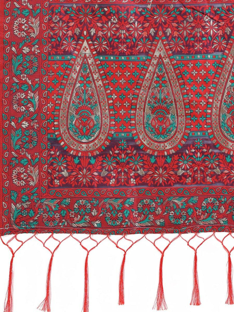 Red Pashmina Cotton Saree With Blouse Piece - EZBER