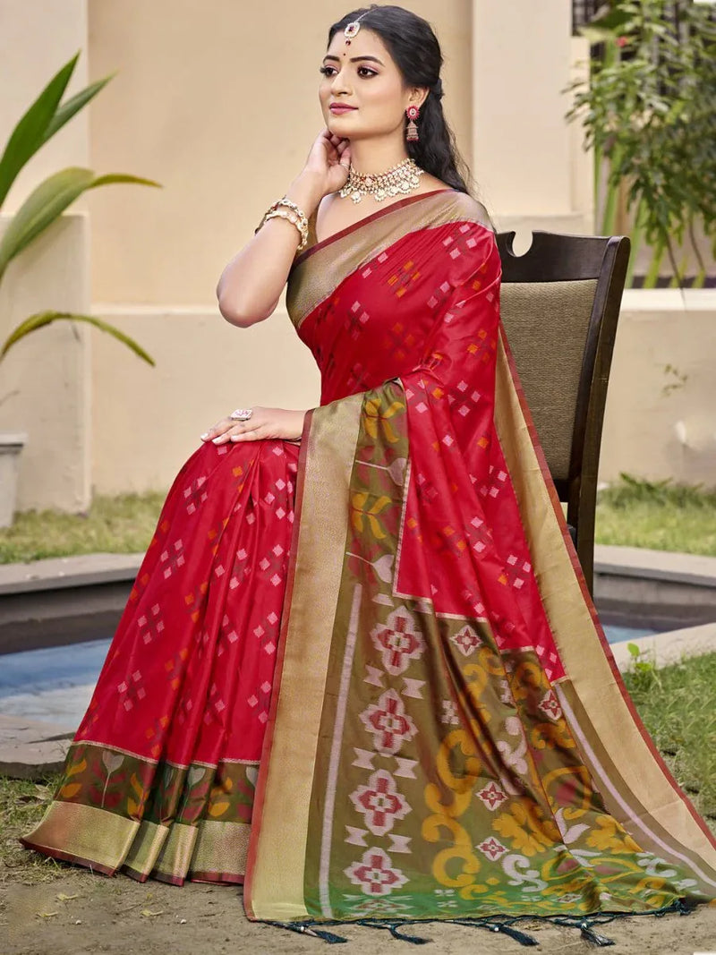 Red POORVIKA SILK VOL 2 Pochampalli Silk Saree with Blouse Piece - EZBER