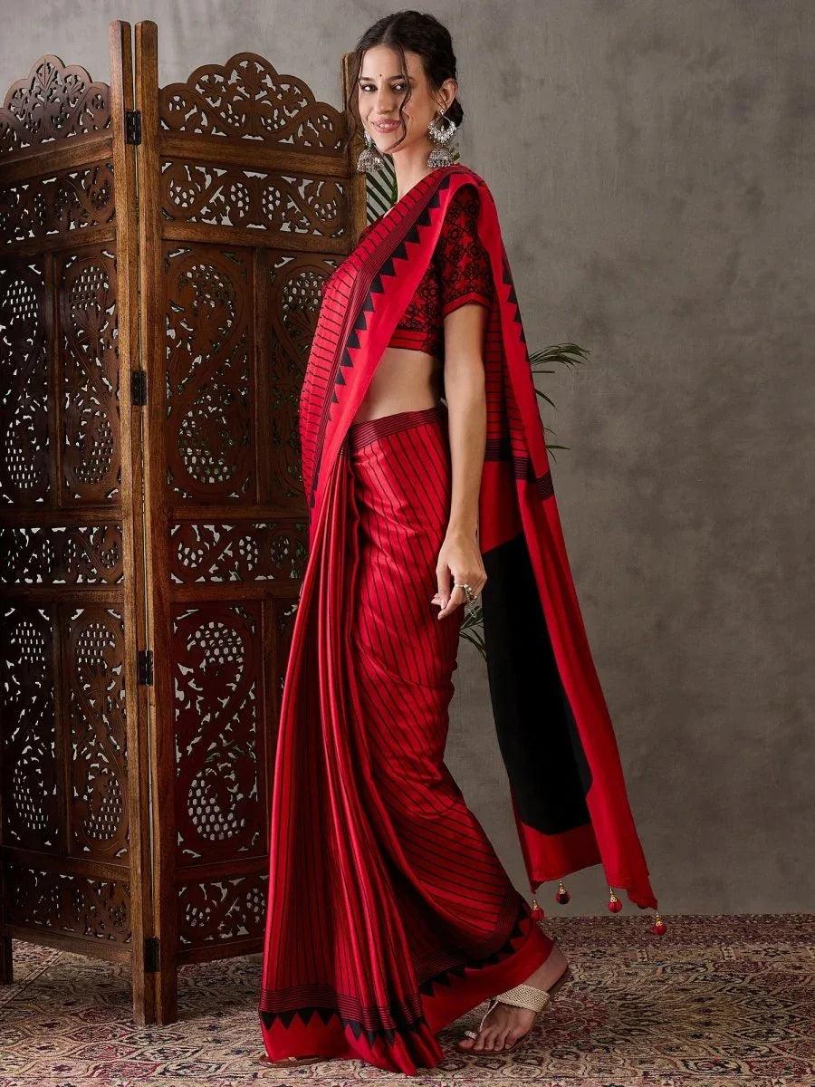 Red Semi Modal Saree With Blouse Piece - EZBER