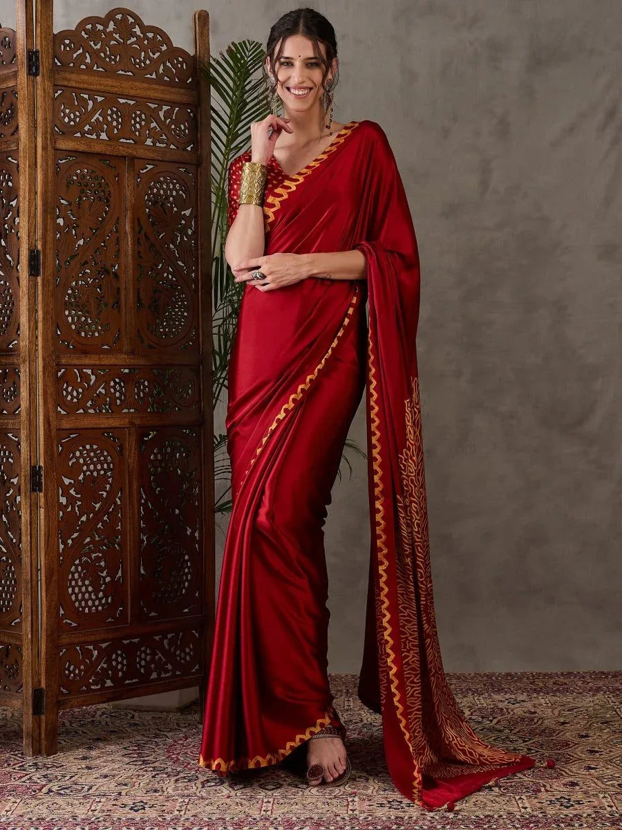 Red Semi Modal Saree With Blouse Piece - EZBER