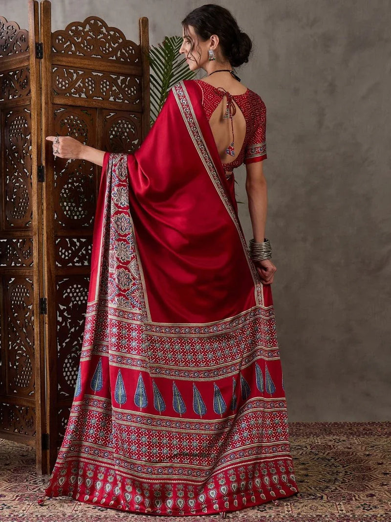 Red Semi Modal Saree With Blouse Piece - EZBER