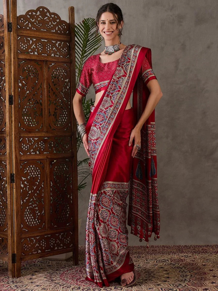 Red Semi Modal Saree With Blouse Piece - EZBER