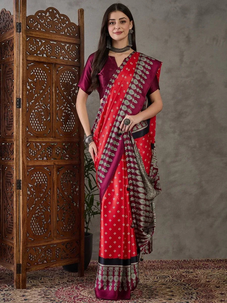 Red Semi Modal Saree With Blouse Piece - EZBER