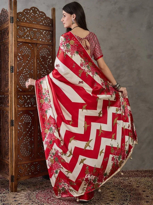 Red Semi Modal Saree with Blouse Piece  | EZBER