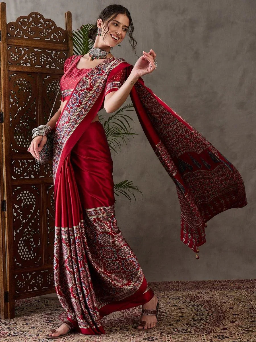 Red Semi Modal Saree with Blouse Piece  | EZBER