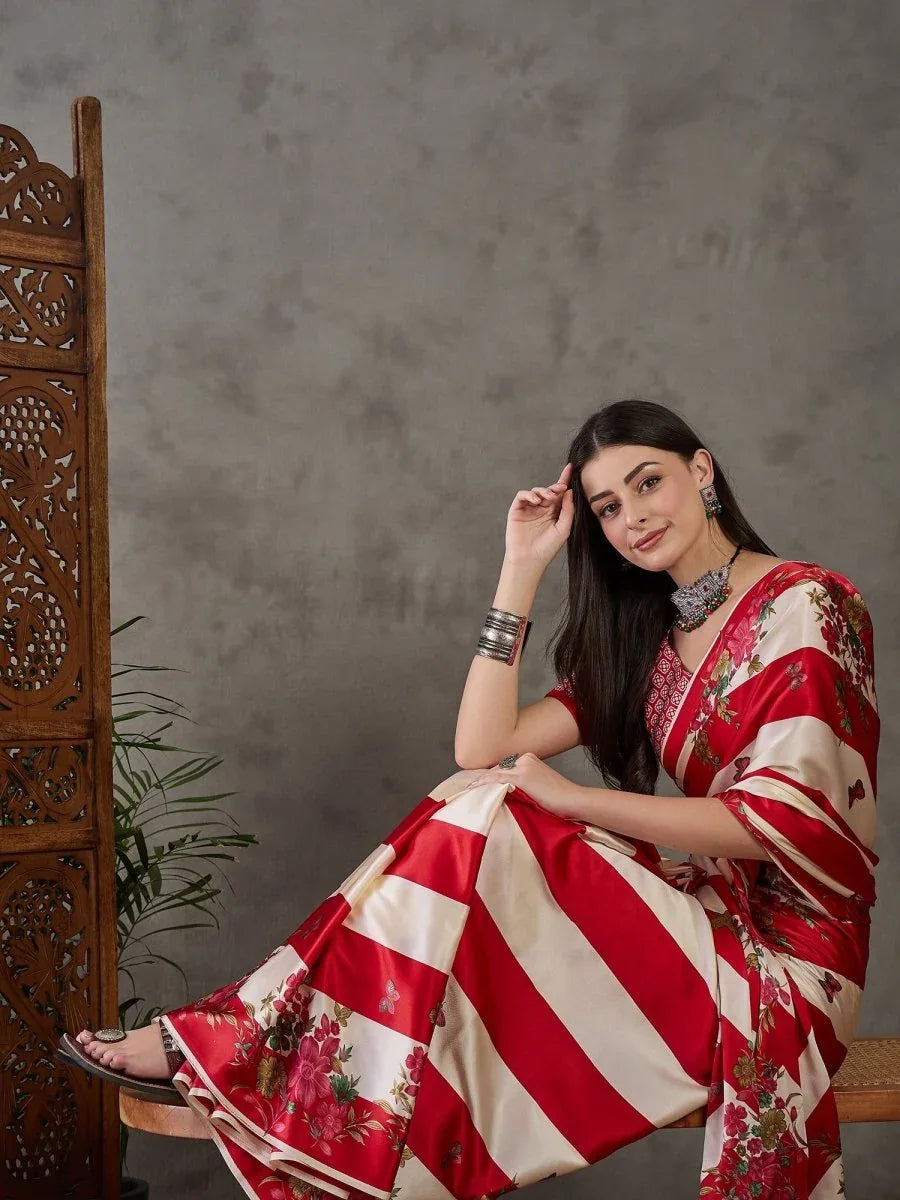 Red Semi Modal Saree With Blouse Piece - EZBER