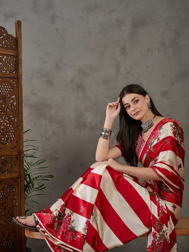 Red Semi Modal Saree With Blouse Piece - EZBER