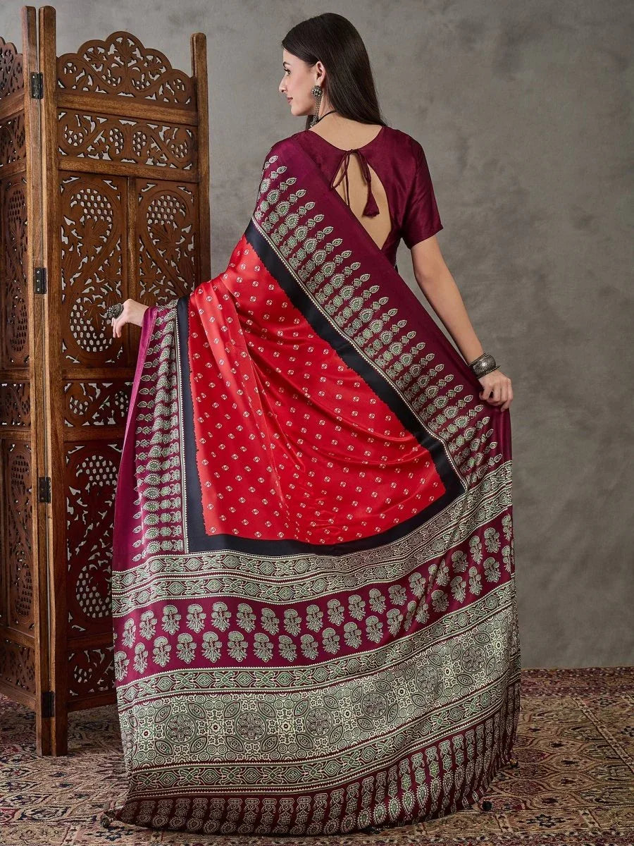 Red Semi Modal Saree With Blouse Piece - EZBER