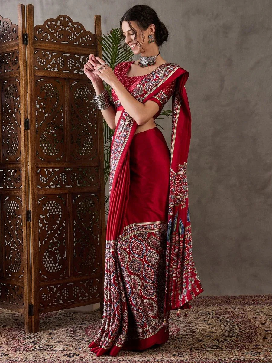 Red Semi Modal Saree With Blouse Piece - EZBER