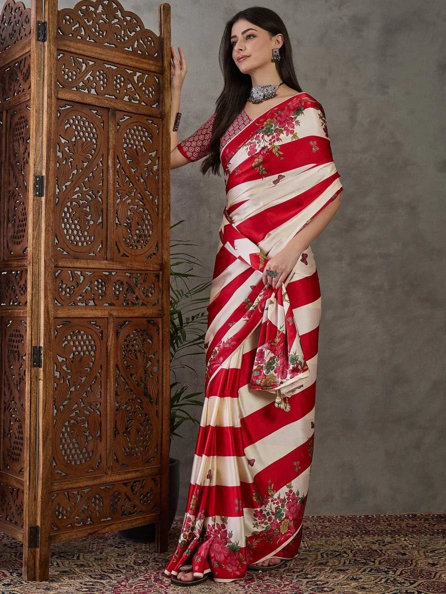 Red Semi Modal Saree With Blouse Piece - EZBER