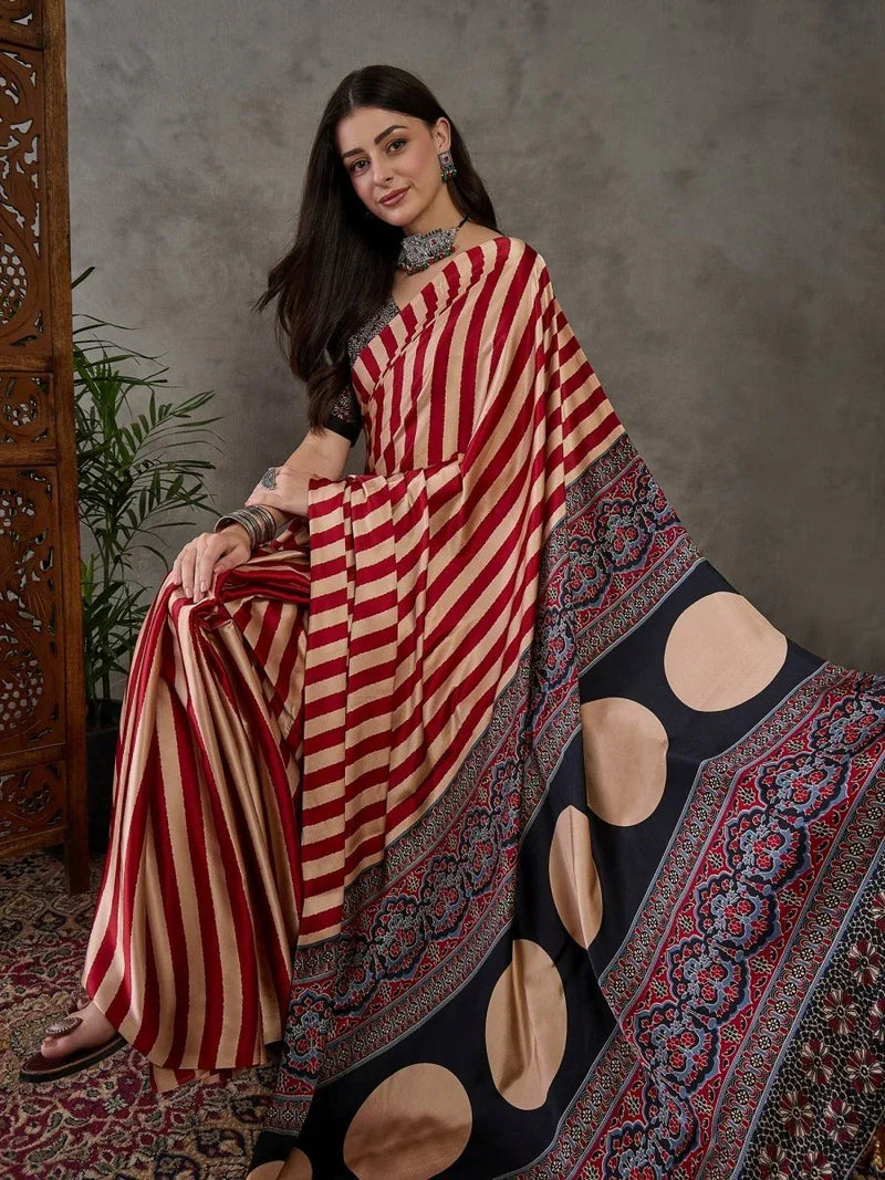 Red Semi Modal Saree With Blouse Piece - EZBER