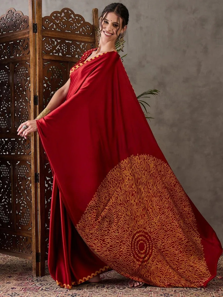 Red Semi Modal Saree With Blouse Piece - EZBER
