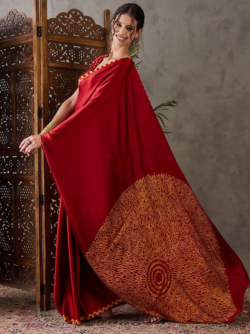 Red Semi Modal Saree With Blouse Piece - EZBER